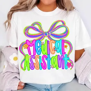 Medical Assistant Coquette Bow T-Shirt, Neon Healthcare Graphic Tee