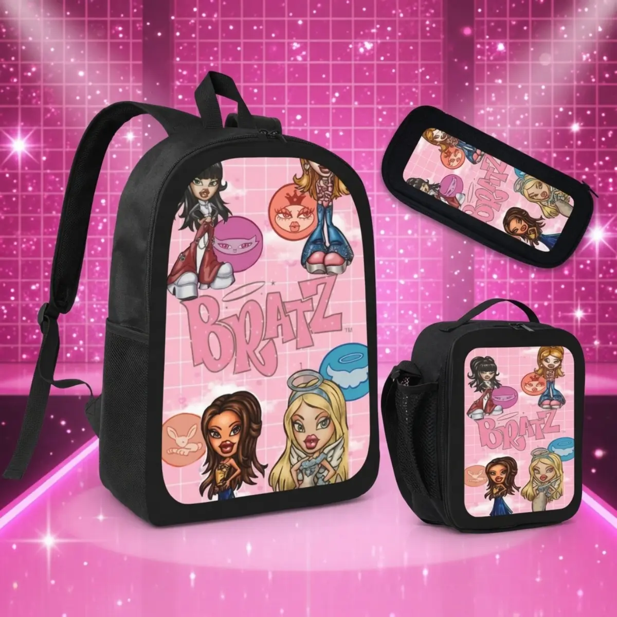 2 Styles Bratz 3Pcs Backpack Set, 17 Inch Girls Student Bookbag with Lunch Box & Pencil Case, Pink Lip Grid Y2K Bratz Doll Character Print Oxford Rucksack, Cute Retro Y2K School Bag Gift For Teen Girls Bratz Fans Daily Travel Use