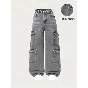Girls' Wide-Leg Cargo Jeans - Elastic Waistband, Multi-Pocket Street Style, Loose Fit Teens and Young Adults1011
