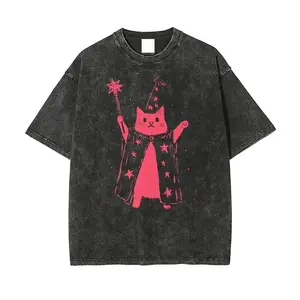 Pink Wizard Cat with Star Wand Vintage S~5XL Oversize Unisex Washed T-Shirt for Women and Men's Unisex Fit Batik Cotton Oversize Streetwear Menswear  Super Soft Pre-Shrunk