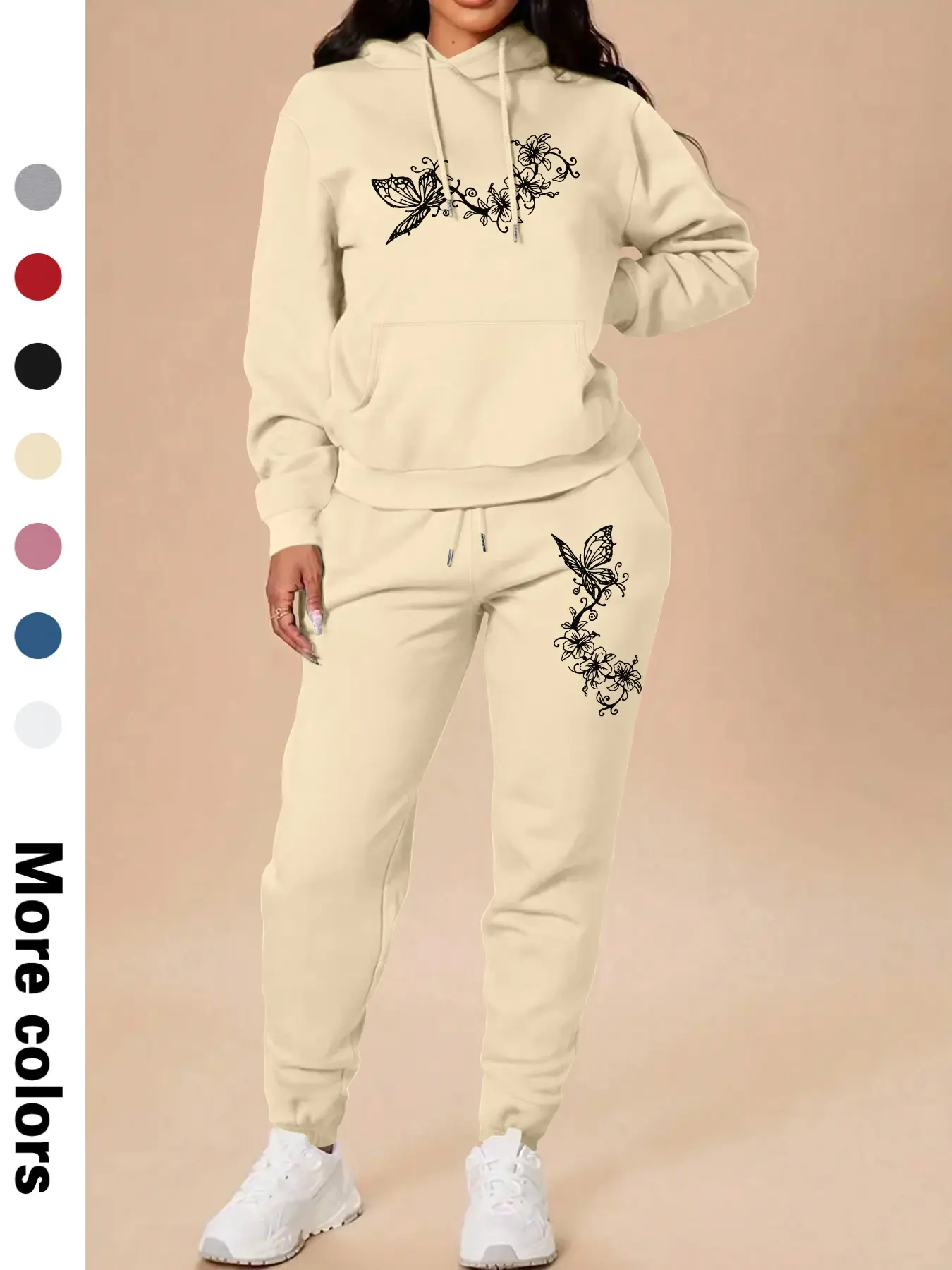 Women's Butterfly Print Hoodie Set, Casual Long Sleeve Sweatshirt & Drawstring Pants, Spring & Fall Fashion Two-Piece