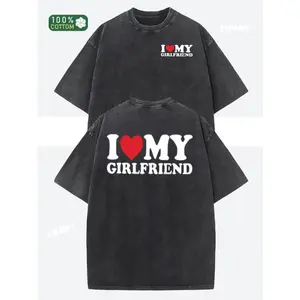 I love my girlfriend alphabet print pure cotton, oversize shoulder retro street basics loose hip-hop men's and women's tops Autumn summer do old washed T-shirt Short sleeve round neck T-shirt