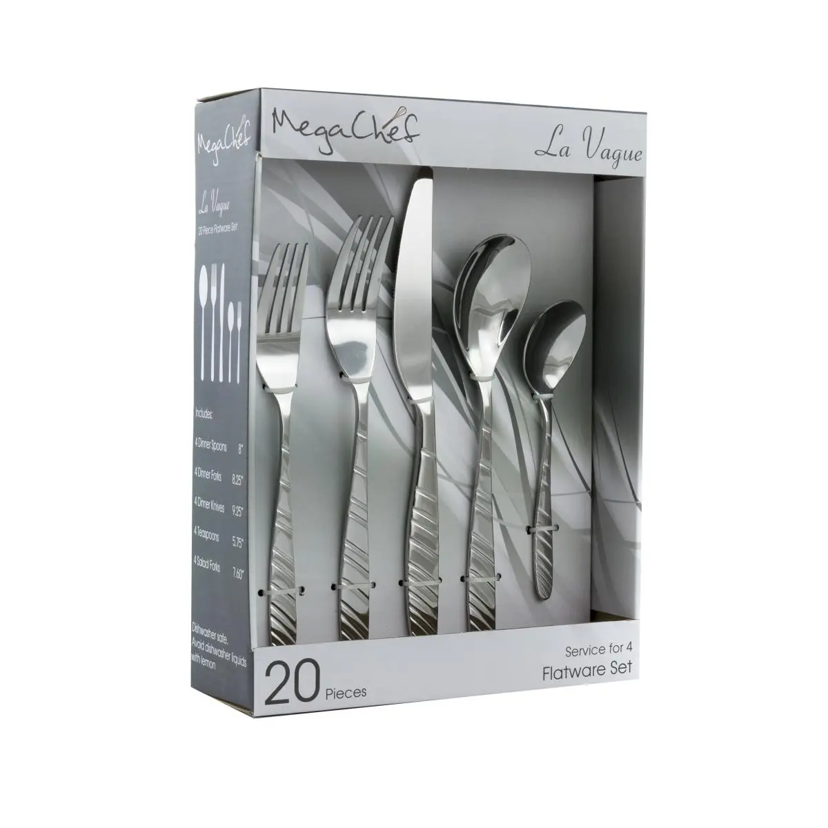 212 MAIN La Vague Stainless Steel Flatware Set - 20-Piece Metal Kitchen Cutlery, Corrosion-Resistant Silver Utensils with Smooth Finish, Dinnerware Service for 4 (MCFW-LA VAGUE-SILVER)
