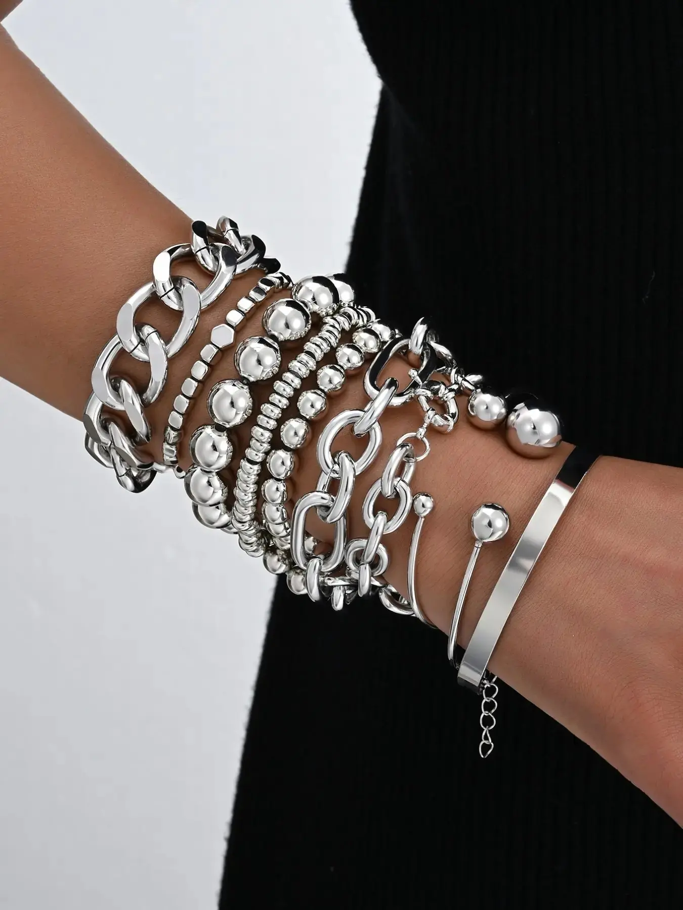 10 Pieces Punk Silver Chain Bracelet Set For Women, Vintage Layered Bead, Chunky Bangles, Stacking Bangles, Cuban Link Stackable Bracelets, Adjustable Open Cuff Bracelet Set, Hip Hop Y2K Street Style Jewelry For Party, Concert, Daily Wear, Fashion Gift