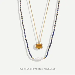 18K Gold Plated Tiger Eye Stone Necklace 925 Sterling Silver Lapis Lazuli Beaded Collar Chain Daily Wear Festival Gift Jewelry