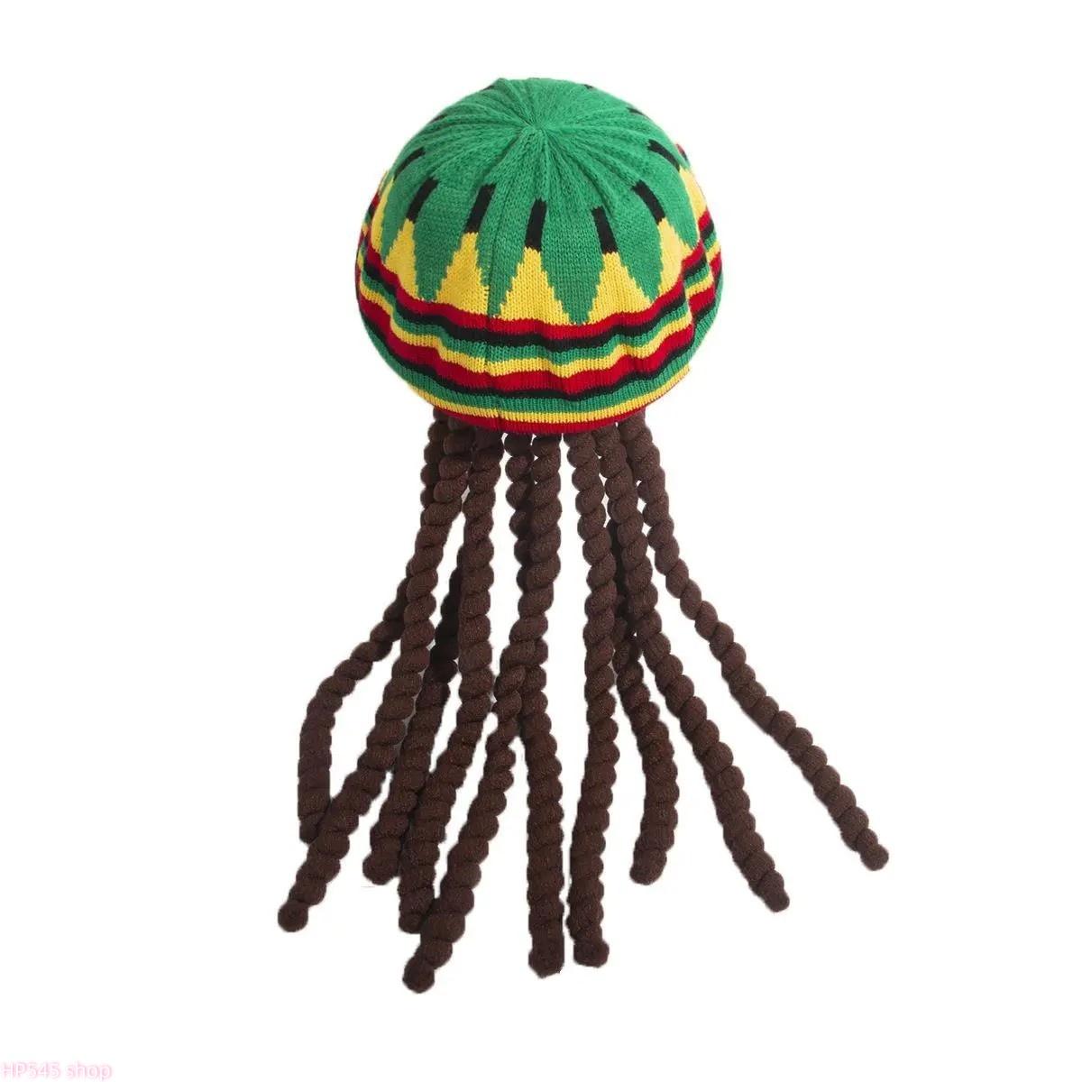 Reggae Style Jamaican Dreadlocks Knit Beret, Colorful Rainbow Braided Wool Wig Hat, Boho Festival Costume Accessory, Unisex Knitted Headwear For Men Women Halloween Party And Music Festival Outfits