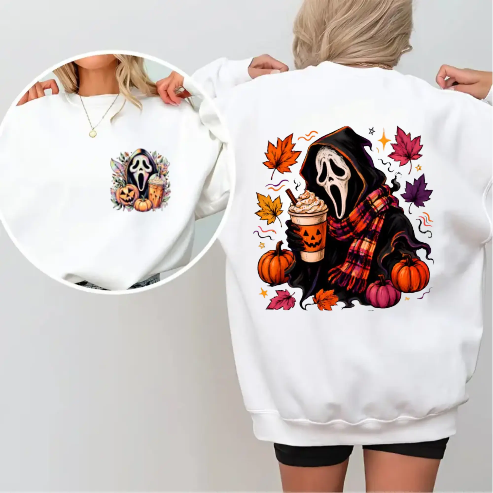 Spooky Ghostface Graphic T-Shirt, Cute Oversized Cotton Tee for Halloween, Unisex Short Sleeve Fall Horror Apparel