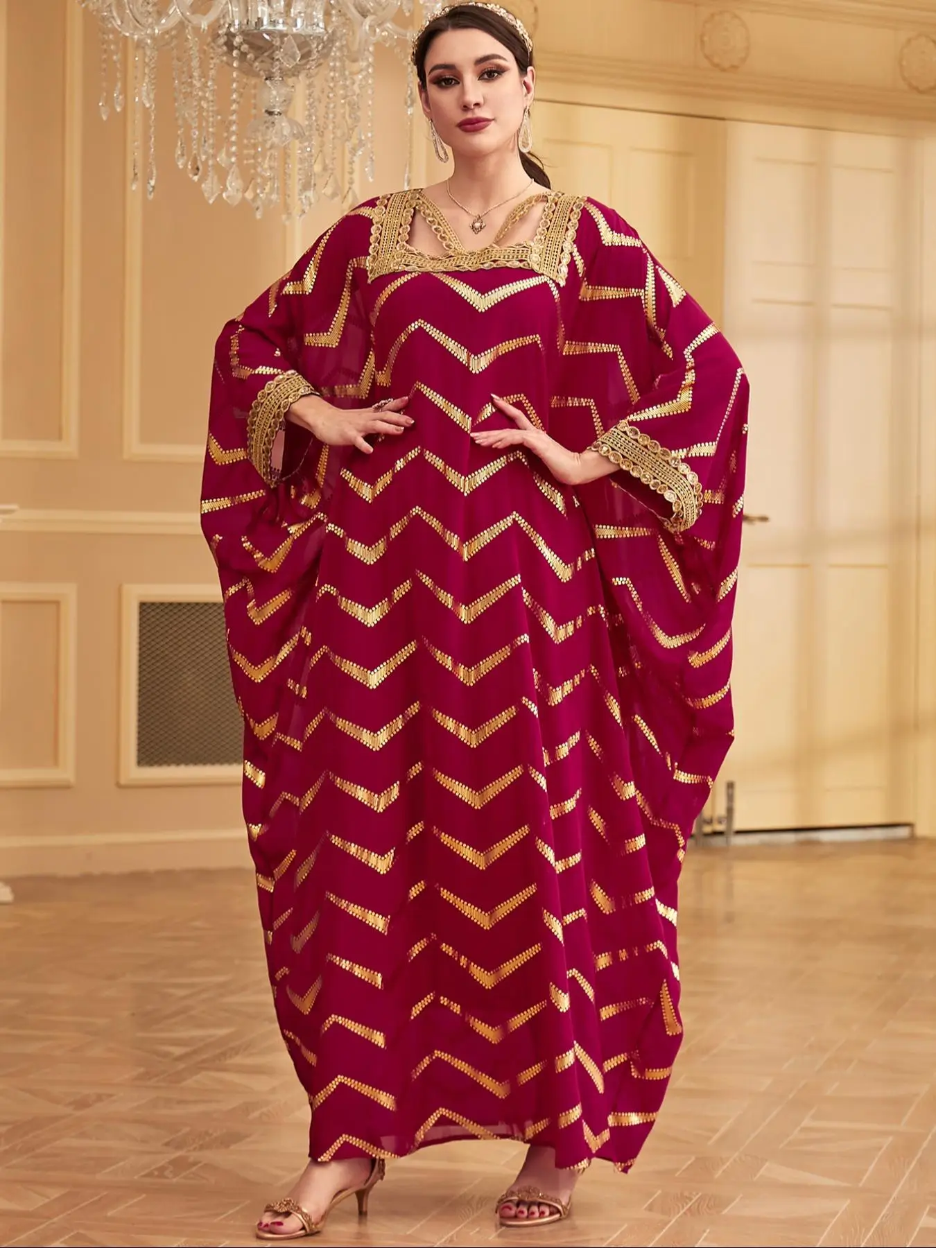 Arabic Clothing-Contrast Sequin Batwing Sleeve Square Neck Kaftan, Modest Long Sleeve Loose Long Dress for Women, Women's Islamic Clothing for All Sea