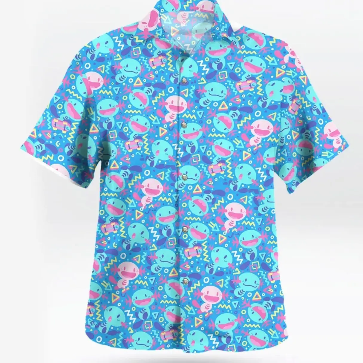 Fresh Summer Cute Blue Axolotl Hawaiian Shirt, Youthful Anime Wooper Pattern Aloha Shirt Short Sleeve, Quirky Video Game Graphic Men Women