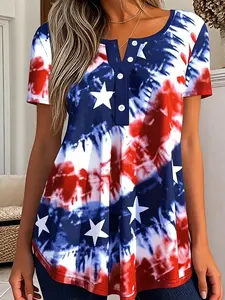 Independence Day Plus Size Tie-Dye Star Short-Sleeve T-shirt Casual Henley Neck Loose Fit Top, Soft Stretchy Fabric, Y2K Clothes Summer Daily Wear, Comfortable Relaxed Fit Casual Top