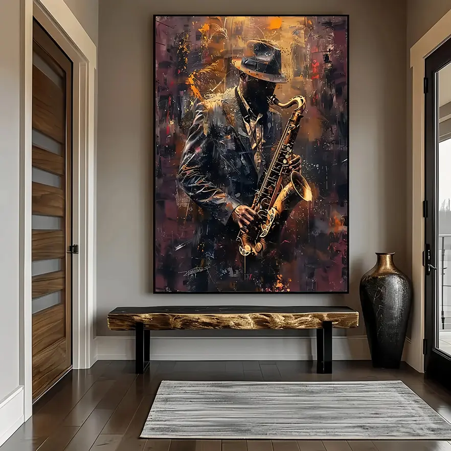 2D Flat 1pc Extra Saxophonist Painting Modern Abstract Jazz Music Poster in Black Golden Red Brown Canvas Print Wall Art Decor for Living Room Bedroom Office Unframed Poster for Jazz Clubs Music Studios Ideal Jazz Gift for Musicians Ornaments Artistic