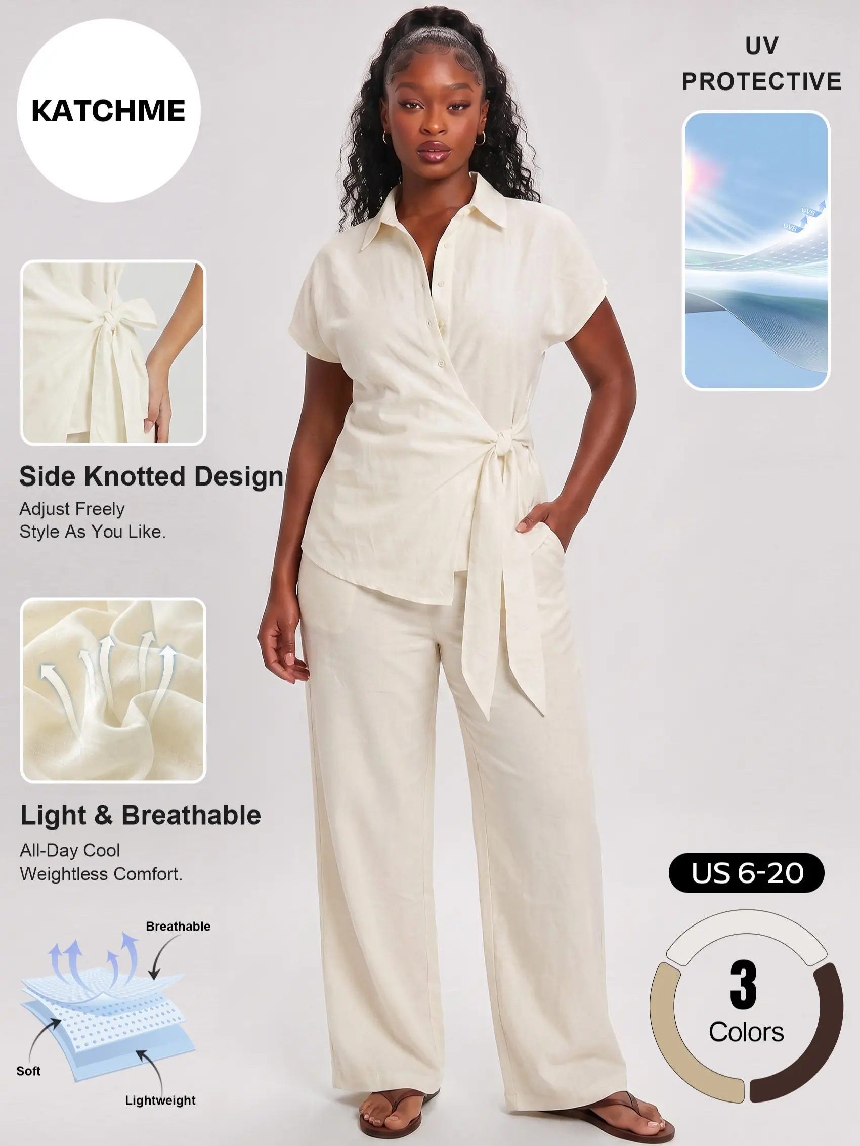 Katch Me Chic Women's Casual Solid Color Side Knotted Short Sleeve Shirt & Wide Leg Trousers Co-ord, Lightweight Collared Button-Up Two Piece Sets, Breathable UV-Protective Going Out Outfits #TikTokMadeMeBuyIt #MatchingSet #QuickDry #UVProtective