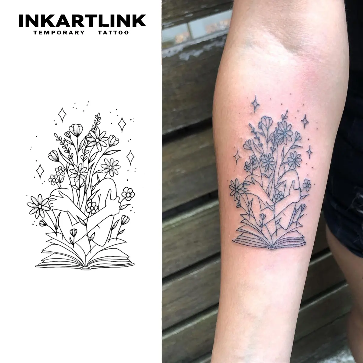 INKARTLINK Tattoo Tech, 2 Sheets Medium Semi Permanent Tattoo, Adult Art Design Temporary Tattoos, Lasts 1-2 Weeks, Waterproof, Realistic Look, No Adhesive, No Reflection (Woman in a Book Design)