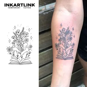 INKARTLINK Tattoo Tech, 2 Sheets Medium Semi Permanent Tattoo, Adult Art Design Temporary Tattoos, Lasts 1-2 Weeks, Waterproof, Realistic Look, No Adhesive, No Reflection (Woman in a Book Design)