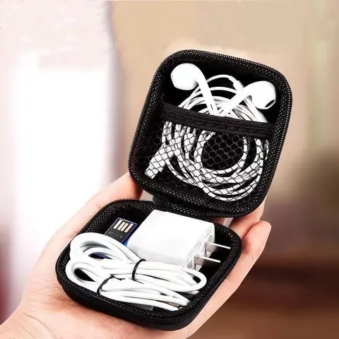 Mini Headphone Audio Storage Case, Square Charging Cable Storage Bag with Zippered Design, Portable Storage Accessories for Keys Charger, Earphone Storage Bag