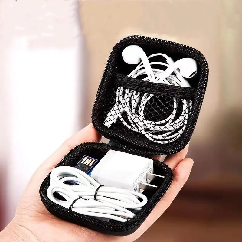 Mini Headphone Audio Storage Case, Square Charging Cable Storage Bag with Zippered Design, Portable Storage Accessories for Keys Charger, Earphone Storage Bag