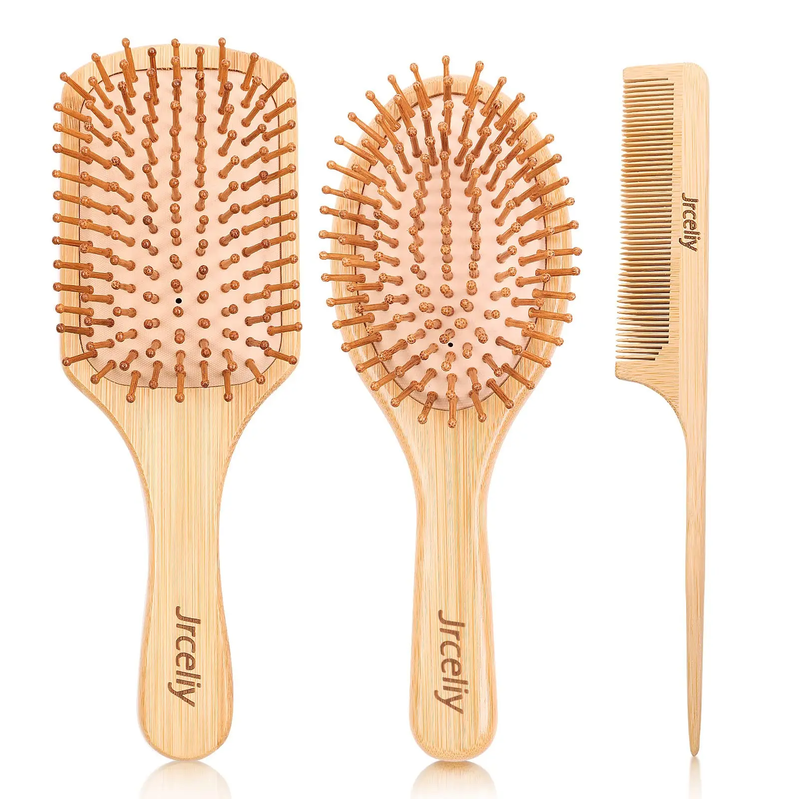 3count Bamboo Hair Brush Set – Natural Wooden Paddle Brushes for Dry, Curly, Thick, Thin, and Straight Hair
