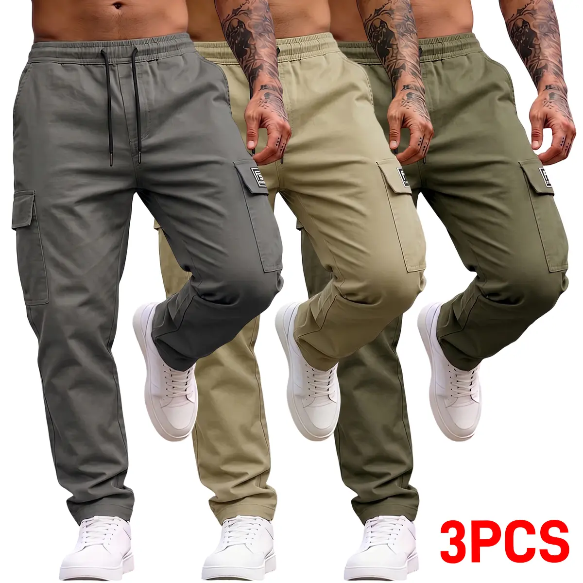 Durable Men's Everyday Cargo Work Pants - Polyester Mix Slight-Stretch Flexible Fabric, Straight Cut, Belt Loops, Oversized Leg Patch Pockets, Utility Trousers for Work, Outdoors, Durable Men's Pants