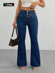 Women's Plain Button Fly Flare Leg Denim Pants, Casual Comfy Bell Bottom Trousers for Daily Wear, Ladies Bottoms for All Seasons