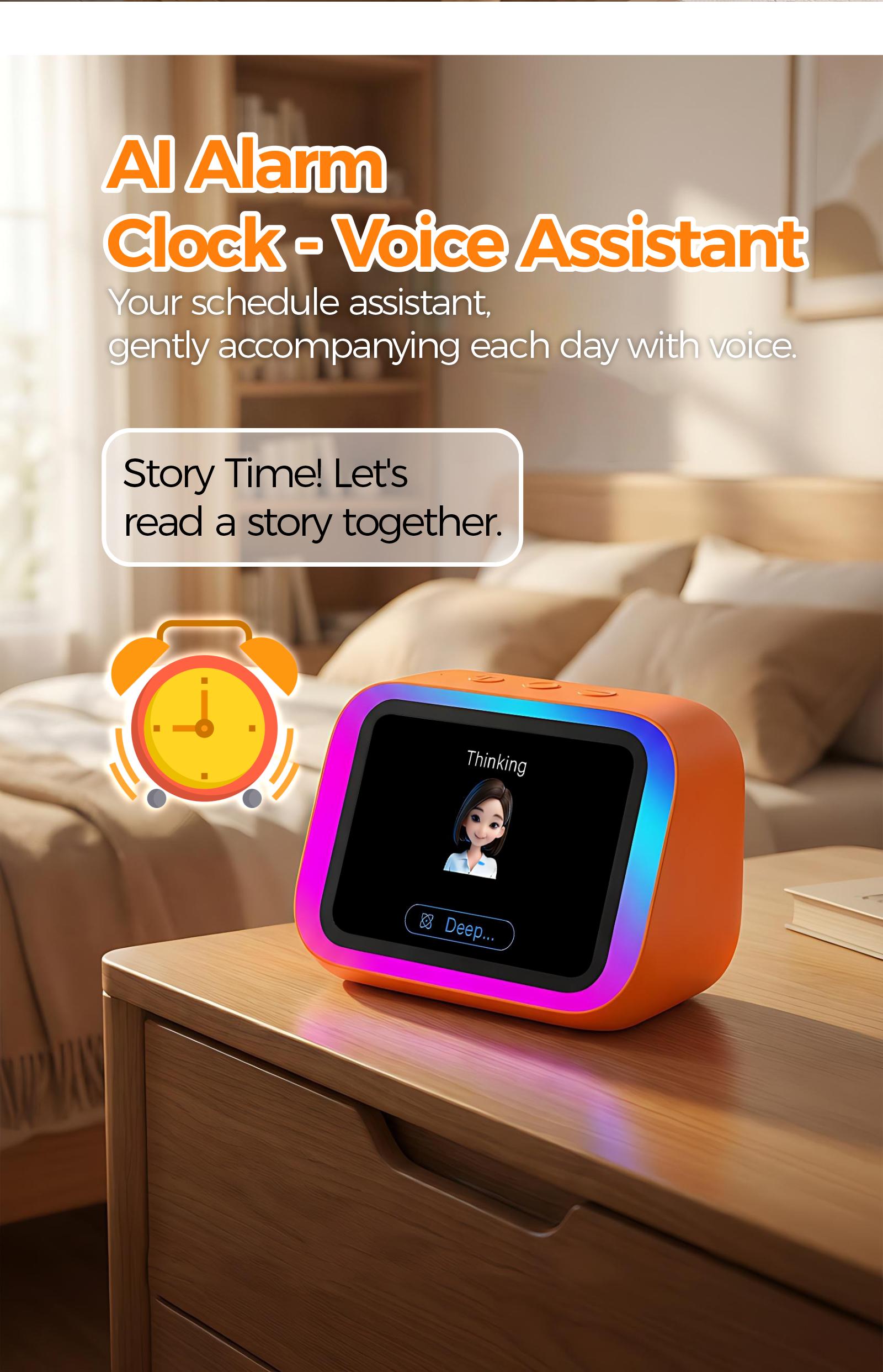 AI Smart Alarm Clock for Kids, Voice Wake-Up & Continuous Dialogue, Spoken English Practice,Bedtime Story Machine, Bluetooth Speaker, RGB Night Light, Daily Routine Helper, Back to School Gift