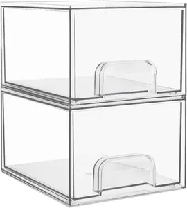 2 Pack Small Clear Stackable Storage Drawers,Acrylic Bathroom Makeup Organizer,Plastic Storage Bins For Vanity, Undersink, Kitchen Cabinets, Pantry, Home Organization