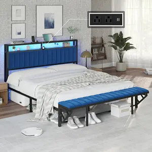 [Black Bed WITHOUT Foldable Ottoman] AMERLIFE TWO Different Bed Frames, Metal Bed with Foldable Ottoman, Velvet Upholstered Headboard/Metal Bed with PU Leather Headboard/ Both Including LED Lights, Charging Station,Storage Shelves/Christmas Gifts