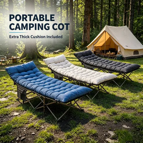 Sweetcrispy S-Folding Camping Cot with Mattress - Heavy Duty Tubular Steel Frame, Lightweight Foldable Collapsible Extra Wide Lounger, Max 500lbs Capacity, Ready-to-Use for Sleep, Lounge, Rest on the Go
