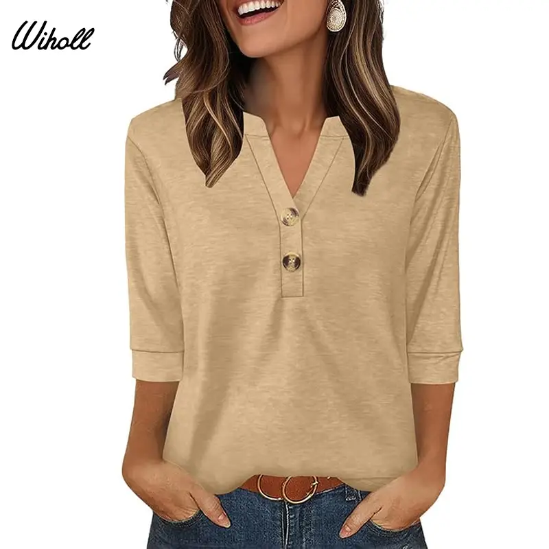 WIHOLL Womens Tops 3/4 Sleeve Heley Shirts for Women Summer Fashion 2025 Blouses Beach Vacation Clothes