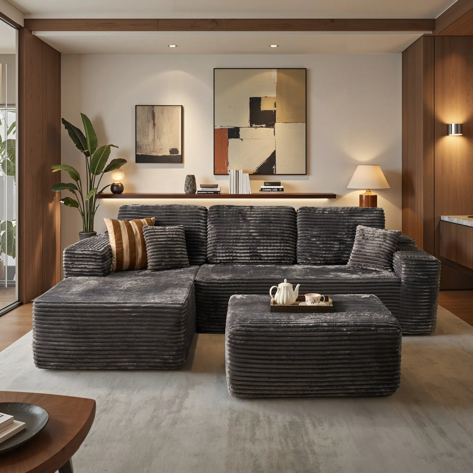 Grey Plush Corduroy Left Chaise