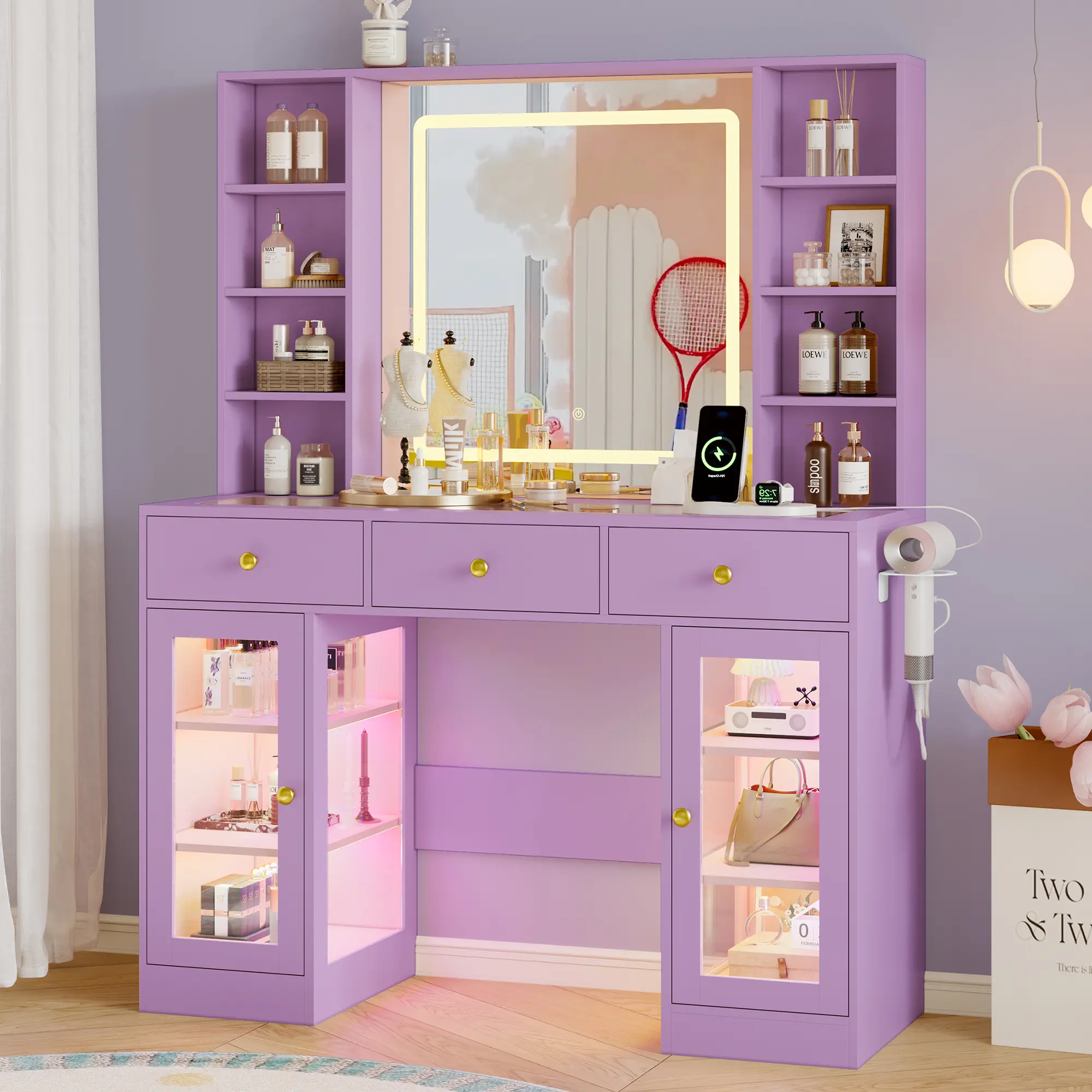 Modern LED Makeup Vanity Desk with Mirror - Stylish, Full-Size, Illuminated, Multi-Light Modern Makeup Vanities, RGB Lighted Drawers, Glass Top, Power Outlet, Storage Shelves & Cabinets for Bedroom, White, Stylish Makeup Vanities fathers day gift ideas