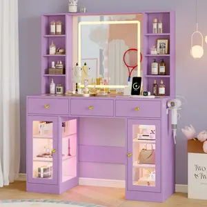 Modern LED Vanity Desk with Mirror, RGB Lighted Drawers & Glass Top, Makeup Table with Power Outlet, Storage Shelves & Cabinets for Bedroom, White
