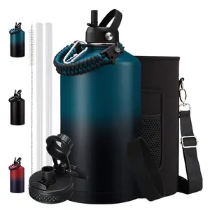 1 Gallon Blue & Black Water Bottle Insulated - 128oz Water Bottle with Straw & Spout Lids, Carrier Bag with Strap, Stainless Steel Flask (Cold for 48Hrs) Large Metal Jug for Hiking Travel Camping