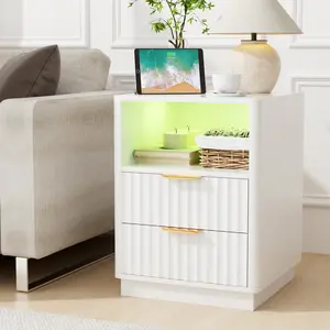 VOWNER Fluted 2-Drawer Nightstand with RGB Lights – Built-In Power Outlet, Curved Edge Design, Smooth Sliding Drawers & Sleek Metal Handles