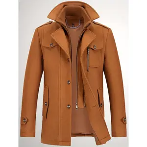 Men's wool-blend double-necked trench coat Detachable collar Single-breasted Winter tweed coat Casual warm coat Classic winter coat