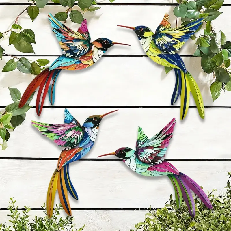 4 Pack Metal Hummingbird Wall Art Decor, Animal Art, Modern Art Design Home Decor Decoration Items, 3D Artistic Colorful Outdoor Sculpture for Garden Fence, Perfect Gifts for Family Friends