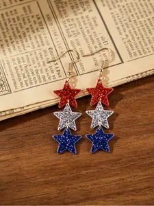 Red, Silver & Blue Glitter Star Tassel Earrings, Dangle Earrings, Shining Earrings, Casual, Patriotic, Memorial Day, 4th of July, Independence Day, Acrylic