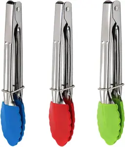 3 PCS Mini Kitchen Tongs with Silicone Tips, 7-Inch Non-Stick Small Tongs with Stainless Steel Silicon Handles, Heat Resistant for Cooking and Serving, 3-Piece Set(Multi-Color) Mini Plastic Buffet Serving Tongs