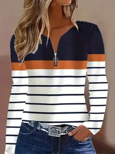 Elegant Striped Zipper Round Neck Long Sleeve Top | Casual Style, Suitable for All Seasons