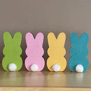 Set of 4 wood bunnies with pompon tails Easter wood bunny Polka Dot pink blue green yellow peep style decor tiered tray wooden block bunny