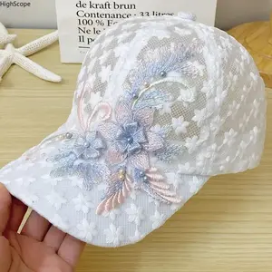 Korean Lace Mesh Baseball Cap for Women - Floral Embroidery, UV Protection Breathable Summer Hat
