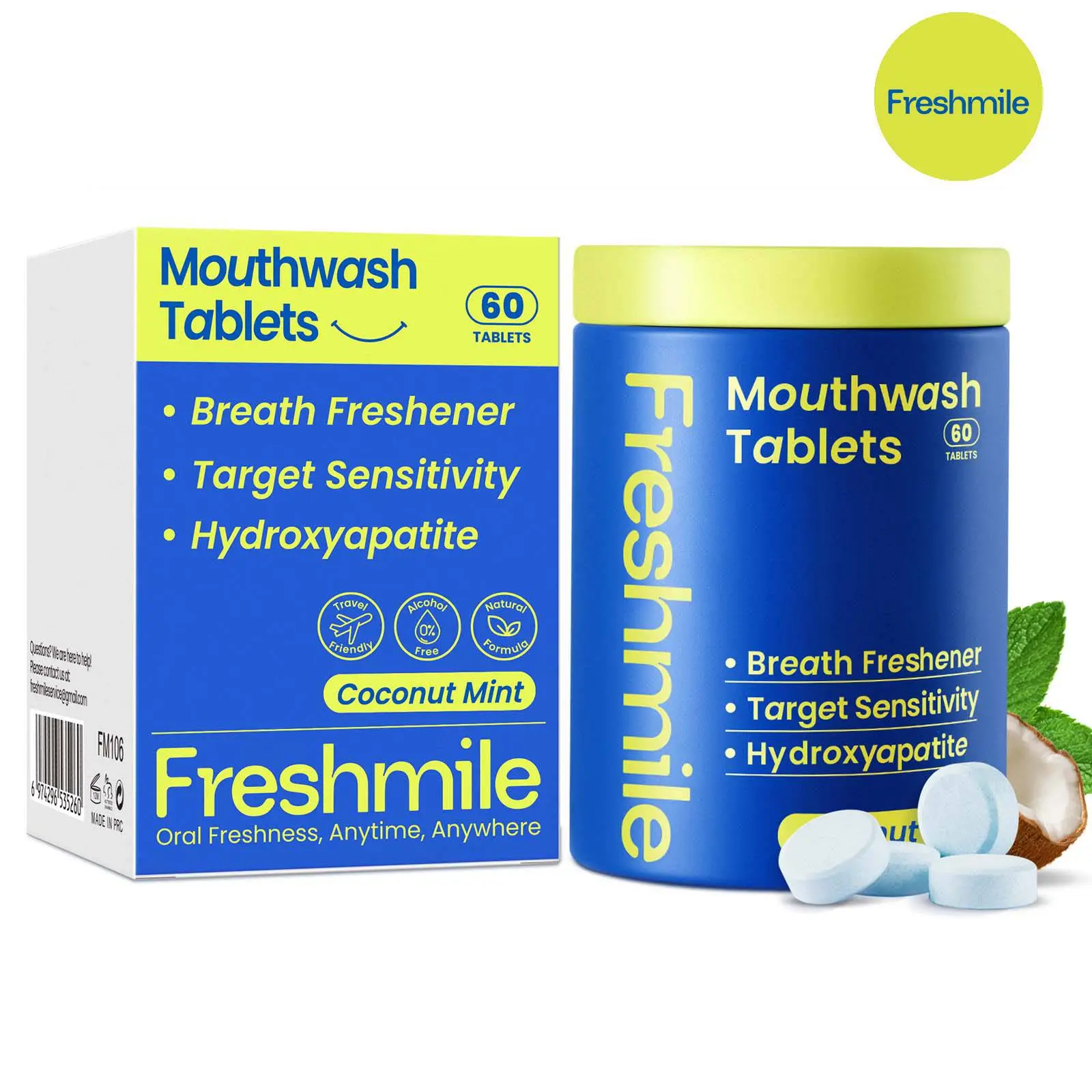 Freshmile Travel Mouthwash Tablets for Sensitive Teeth & Gum Health – Fluoride & Alcohol-Free, Nano-Hydroxyapatite (NHA) & Xylitol for Bad Breath