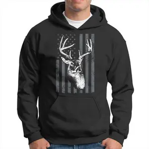 Whitetail Buck Deer Hunting Usa Grey American Flag On Back Hoodie letter print