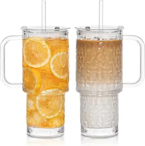 17oz Glass Tumbler 2 Pack with Handle Lid and Straw Thick Wall Reusable Iced Coffee Cup Spill Resistant Travel Mug for Home Kitchen Office Outdoor Use