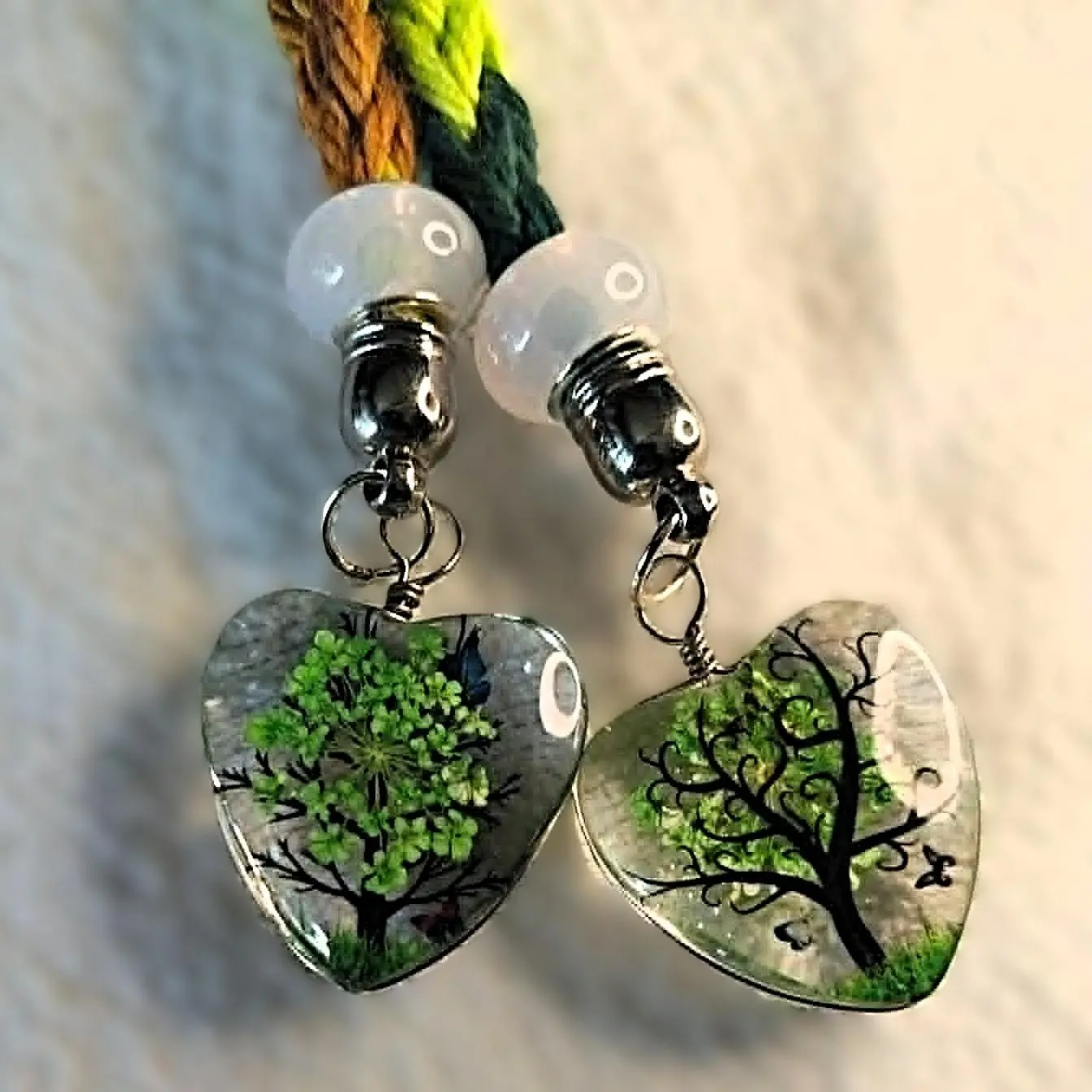 Handmade Botanical Tree of Life Keychain - Real Pressed Flower Heart Charms, Spool Knit, Sunlight Color-Shift Green Braided Cotton, Milky Crystal Beads - Bag Charm for Keys