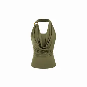 Cider Halter Neckline O-Ring Ruched Draped Top