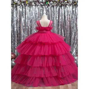 [Pink Princess Dress] Elegant Pink Princess Dress |   Girls' Tulle Party Dress with Ruffled Skirt - Sleeveless Round Neck Long Formal Gown for Birthdays, Weddings, Special Occasions