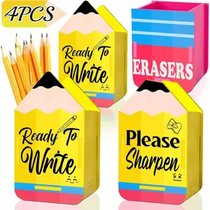 4 count  to School Pencil Dispenser - Wooden  and Dull Holder for Teacher Desk, Classroom Organization