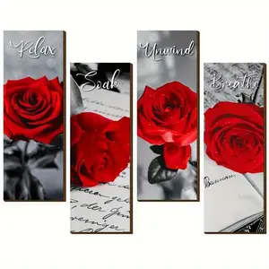 Rose Theme Bathroom Wall Decor Sign, Hanging Wall Art, 4 Counts/set Relax Soak Unwind Breathe Wall Decor, Home Spa Bathroom Laundry Room Decor, with Double-sided Adhesive Tape