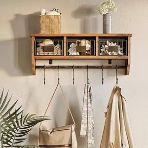 Rolanstar Wall Mounted Shelf with Hooks, Entryway Organizer Shelf with Storage Basket, Wall Mount Coat Rack with 6 Hooks, Hanging Shelf for Living Room,Bathroom,Kitchen,Rustic Brown