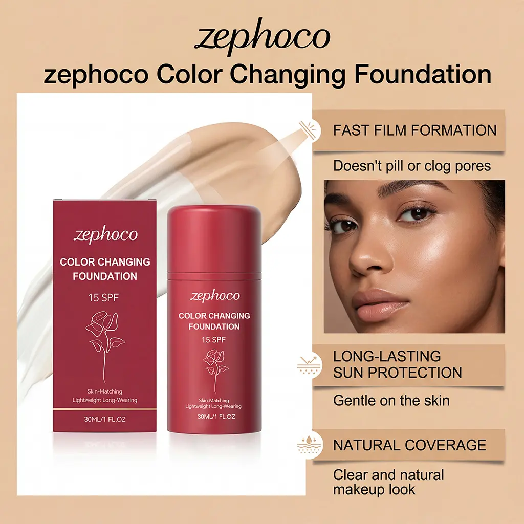 Zephoco Temperature Change Foundation, Hydrating Sheer Longwear Natural Base! With Titanium Dioxide & Glycerin, adapts to skin tone. Makeup, sun care & skincare in one. Portable daily makeup. Perfect birthday & holiday gift for her!